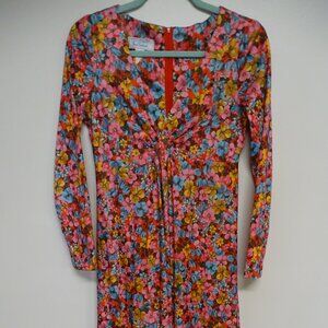 Vintage Sears Fashions Dress Floral Maxi V Neck Long Sleeve